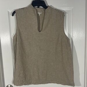 Talbots Womens XL Linen Blend Sleeveless Top Tan Beige V-Neck Summer Tunic